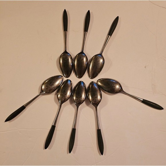 Vintage Epic Teaspoons Set Eight Forged Stainless Japan Wood Handle Canoe  MCM - Picture 2 of 7